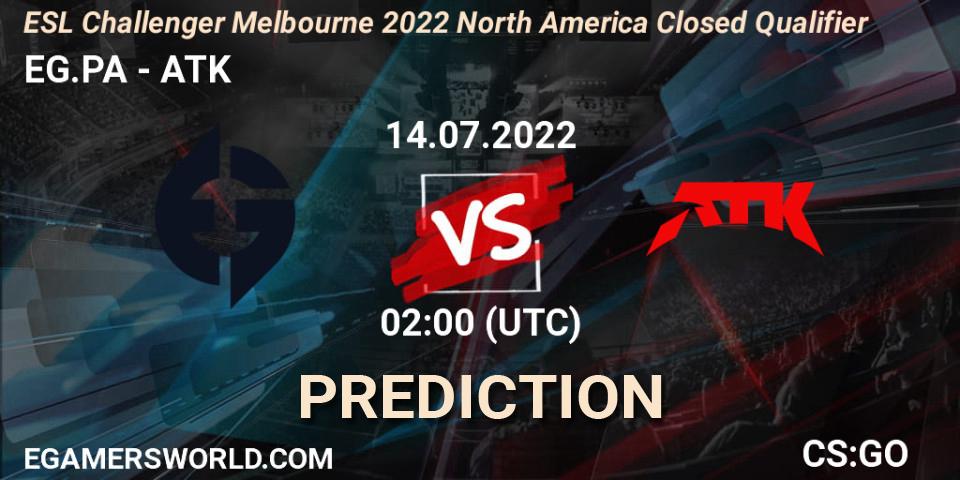 EG.PA vs ATK: Betting TIp, Match Prediction. 14.07.2022 at 02:00. Counter-Strike (CS2), ESL Challenger Melbourne 2022 North America Closed Qualifier