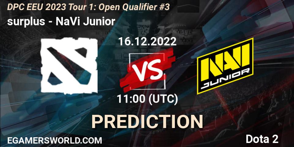 surplus vs NaVi Junior: Betting TIp, Match Prediction. 16.12.2022 at 11:00. Dota 2, DPC EEU 2023 Tour 1: Open Qualifier #3
