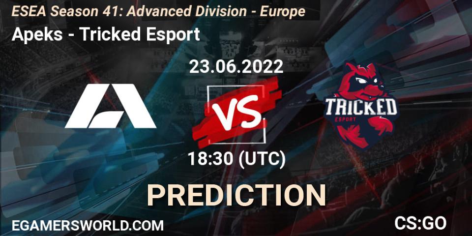 Apeks vs Tricked Esport: Betting TIp, Match Prediction. 23.06.2022 at 18:00. Counter-Strike (CS2), ESEA Season 41: Advanced Division - Europe