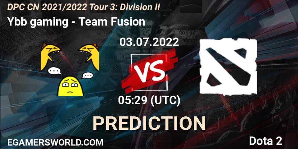 Ybb gaming vs Team Fusion: Betting TIp, Match Prediction. 03.07.2022 at 05:29. Dota 2, DPC CN 2021/2022 Tour 3: Division II