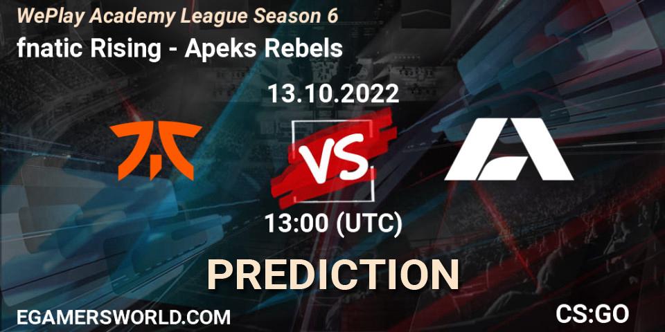 fnatic Rising vs Apeks Rebels: Betting TIp, Match Prediction. 13.10.2022 at 13:00. Counter-Strike (CS2), WePlay Academy League Season 6