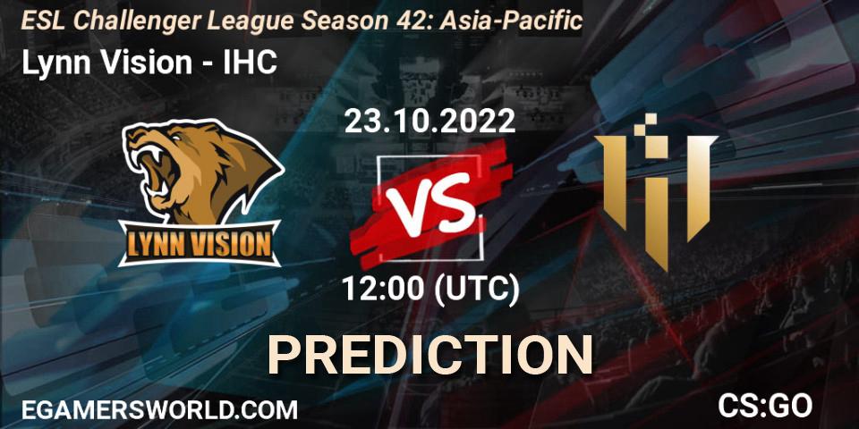 Lynn Vision vs IHC: Betting TIp, Match Prediction. 23.10.2022 at 12:00. Counter-Strike (CS2), ESL Challenger League Season 42: Asia-Pacific
