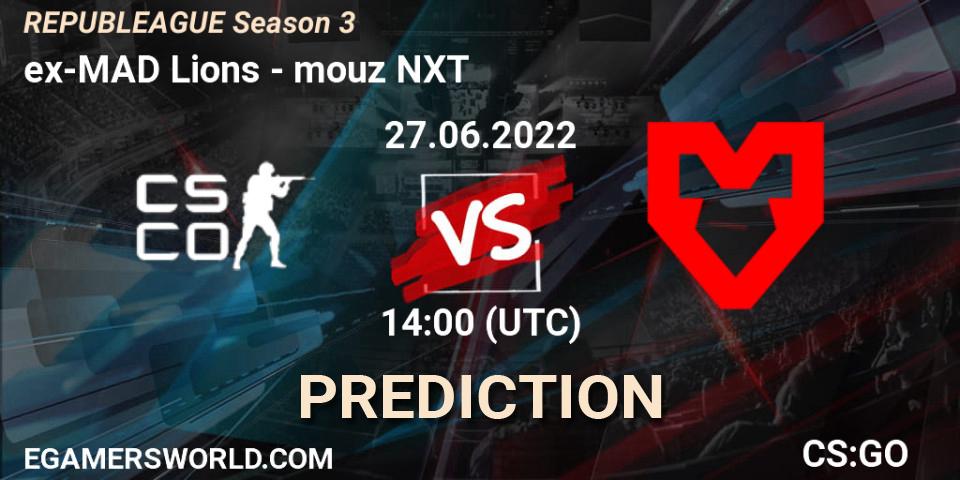 ex-MAD Lions vs mouz NXT: Betting TIp, Match Prediction. 27.06.2022 at 14:00. Counter-Strike (CS2), REPUBLEAGUE Season 3