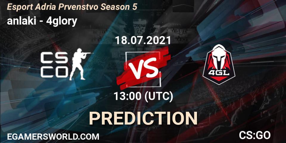 anlaki vs 4glory: Betting TIp, Match Prediction. 18.07.2021 at 13:10. Counter-Strike (CS2), Esport Adria Prvenstvo Season 5
