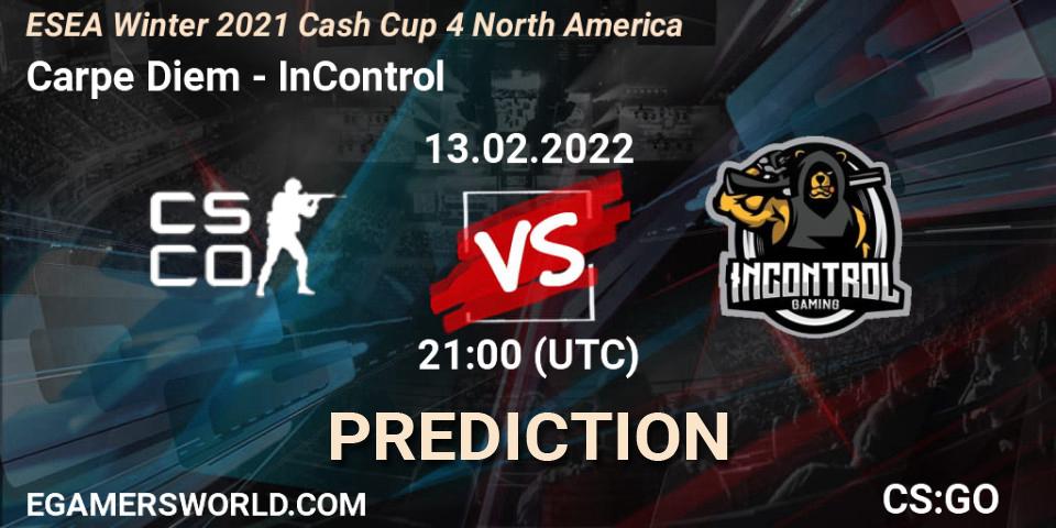 Carpe Diem vs InControl: Betting TIp, Match Prediction. 13.02.2022 at 21:00. Counter-Strike (CS2), ESEA Winter 2021 Cash Cup 4 North America