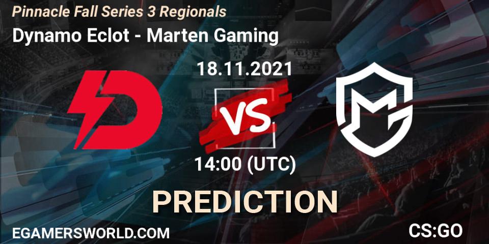 Dynamo Eclot vs Marten Gaming: Betting TIp, Match Prediction. 18.11.2021 at 14:00. Counter-Strike (CS2), Pinnacle Fall Series 3 Regionals