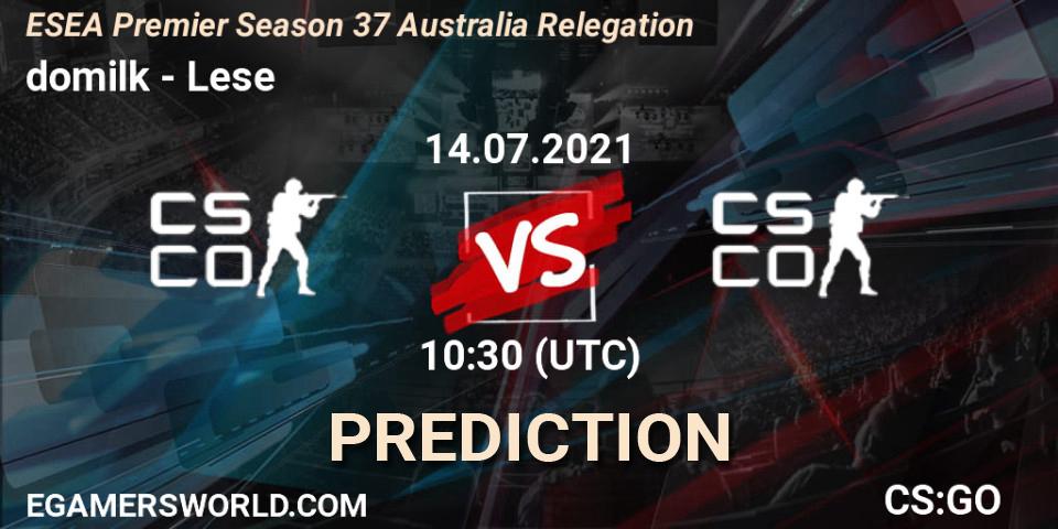 domilk vs Lese: Betting TIp, Match Prediction. 14.07.2021 at 10:30. Counter-Strike (CS2), ESEA Premier Season 37 Australia Relegation