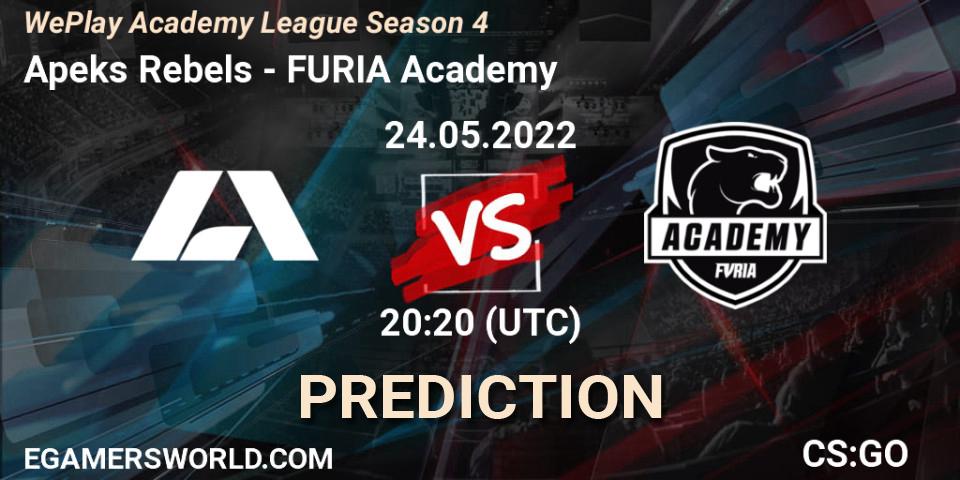 Apeks Rebels vs FURIA Academy: Betting TIp, Match Prediction. 24.05.2022 at 19:20. Counter-Strike (CS2), WePlay Academy League Season 4