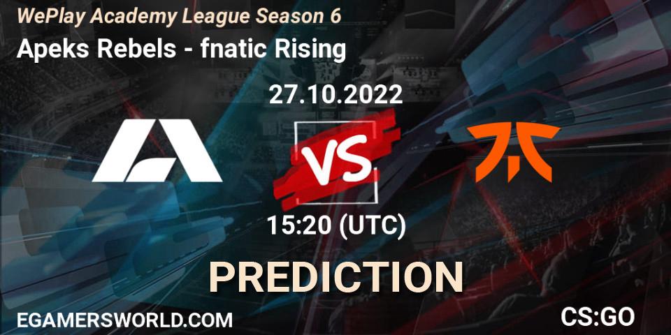 Apeks Rebels vs fnatic Rising: Betting TIp, Match Prediction. 27.10.2022 at 15:20. Counter-Strike (CS2), WePlay Academy League Season 6
