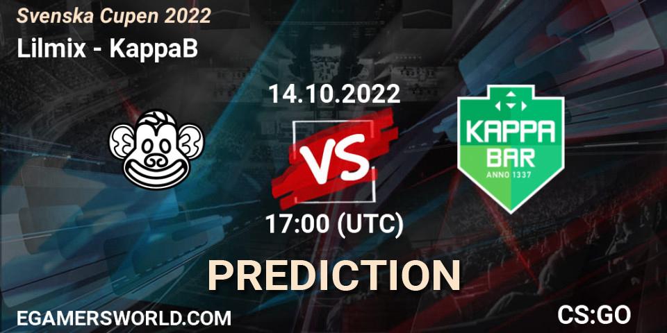 Lilmix vs KappaB: Betting TIp, Match Prediction. 14.10.2022 at 17:50. Counter-Strike (CS2), Svenska Cupen 2022