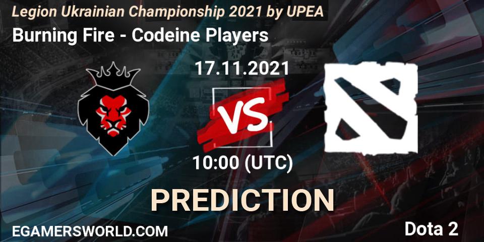 Burning Fire vs Codeine Players: Betting TIp, Match Prediction. 17.11.2021 at 10:12. Dota 2, Legion Ukrainian Championship 2021 by UPEA