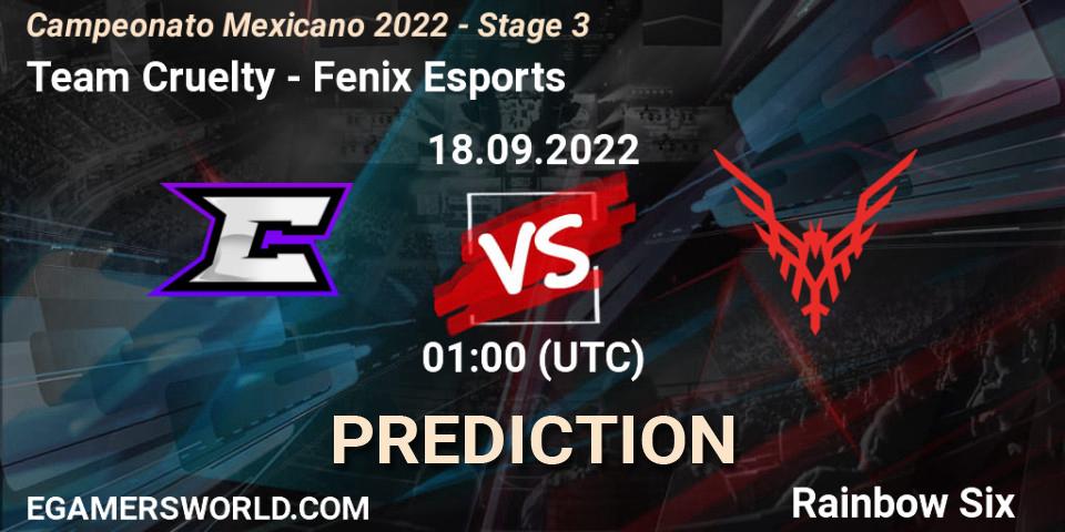 Team Cruelty vs Fenix Esports: Betting TIp, Match Prediction. 18.09.2022 at 01:00. Rainbow Six, Campeonato Mexicano 2022 - Stage 3