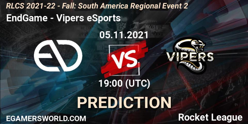 EndGame vs Vipers eSports: Betting TIp, Match Prediction. 05.11.2021 at 19:00. Rocket League, RLCS 2021-22 - Fall: South America Regional Event 2