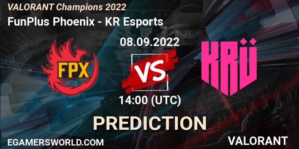 FunPlus Phoenix vs KRÜ Esports: Betting TIp, Match Prediction. 08.09.2022 at 14:15. VALORANT, VALORANT Champions 2022