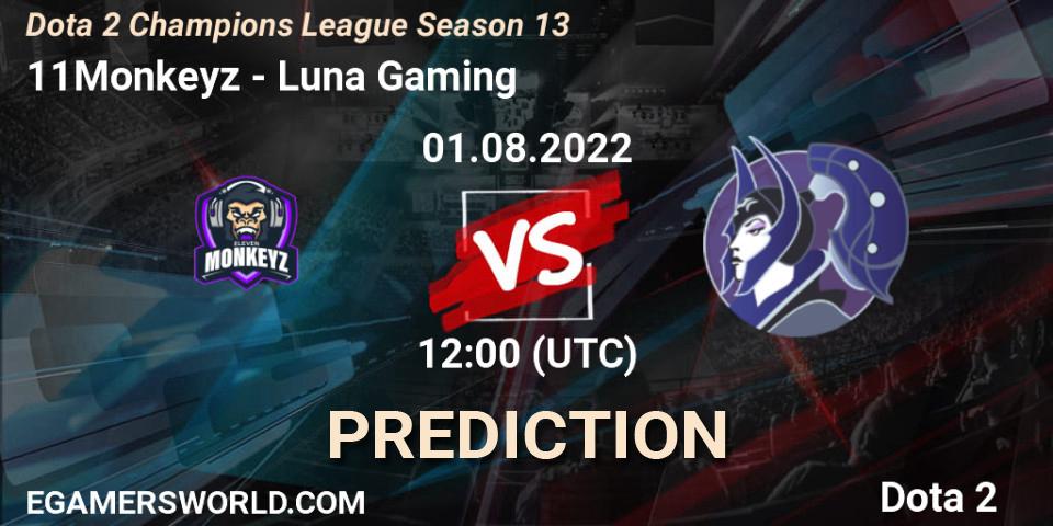 11Monkeyz vs Luna Gaming: Betting TIp, Match Prediction. 01.08.2022 at 12:17. Dota 2, Dota 2 Champions League Season 13