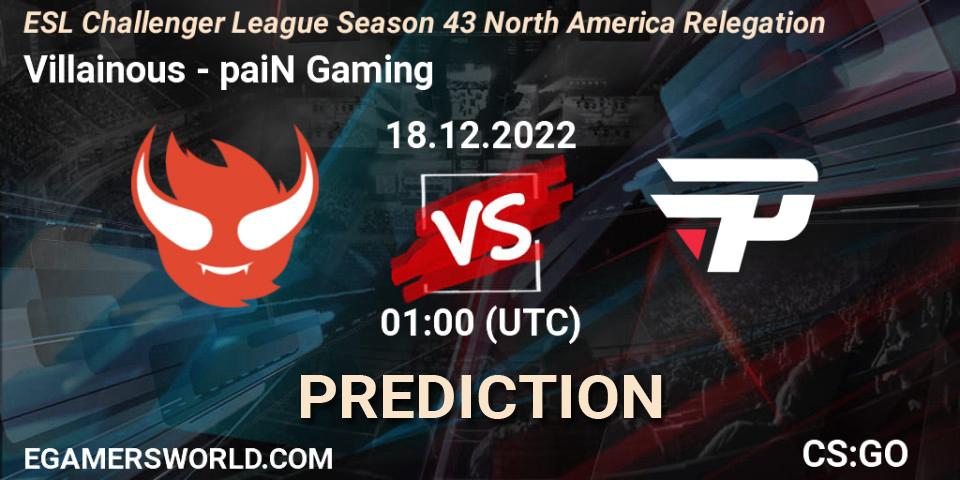 Villainous vs paiN Gaming: Betting TIp, Match Prediction. 18.12.2022 at 01:00. Counter-Strike (CS2), ESL Challenger League Season 43 North America Relegation