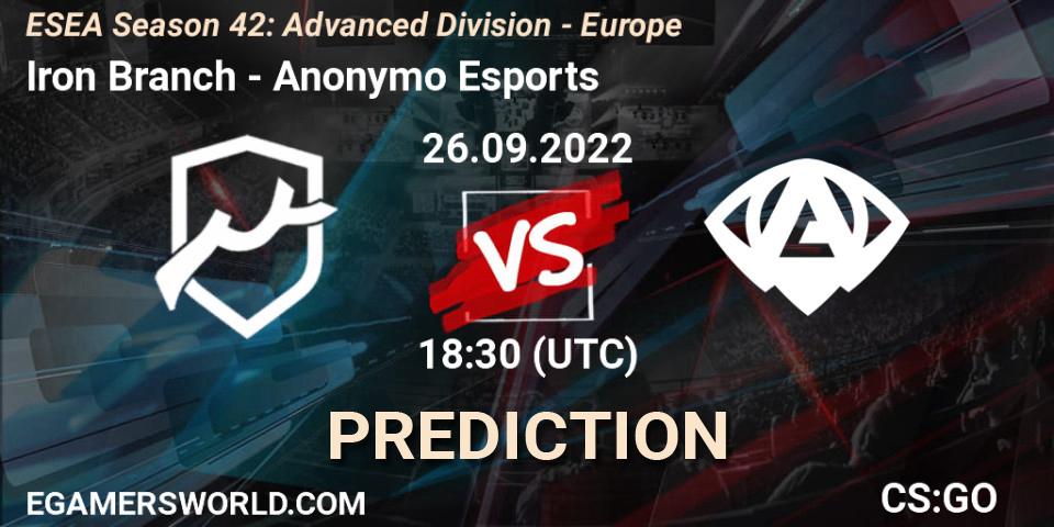 Iron Branch vs Anonymo Esports: Betting TIp, Match Prediction. 27.09.2022 at 18:10. Counter-Strike (CS2), ESEA Season 42: Advanced Division - Europe