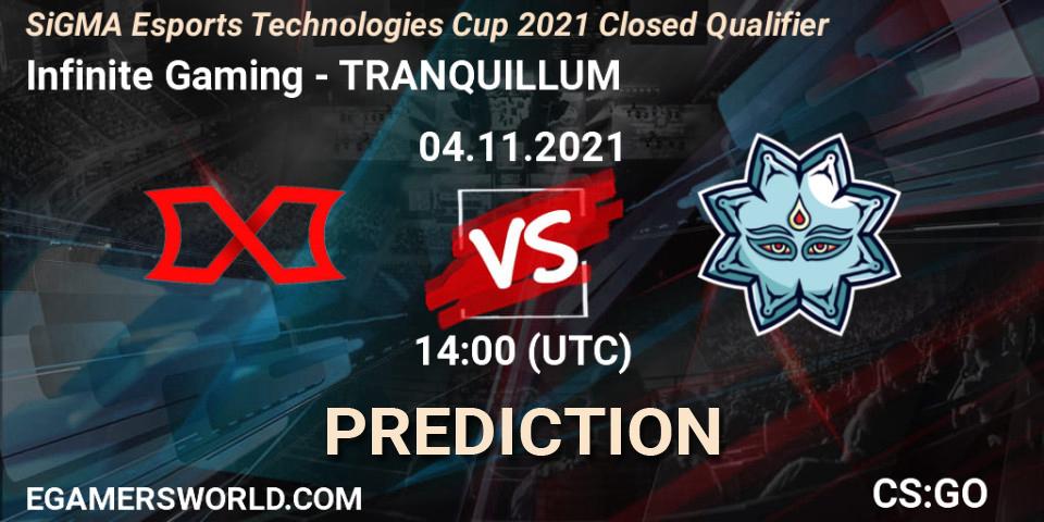 Infinite Gaming vs TRANQUILLUM: Betting TIp, Match Prediction. 04.11.2021 at 14:00. Counter-Strike (CS2), SiGMA Esports Technologies Cup 2021 Closed Qualifier