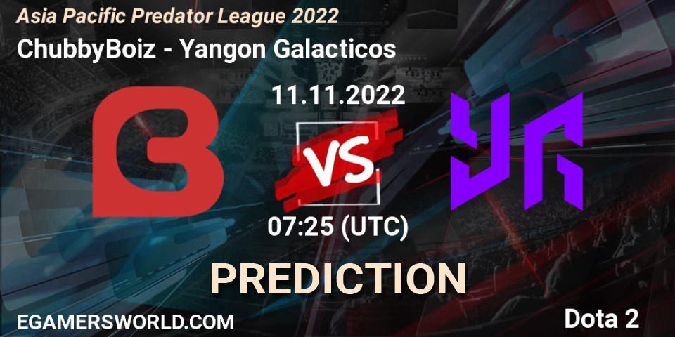 ChubbyBoiz vs Yangon Galacticos: Betting TIp, Match Prediction. 11.11.2022 at 07:25. Dota 2, Asia Pacific Predator League 2022