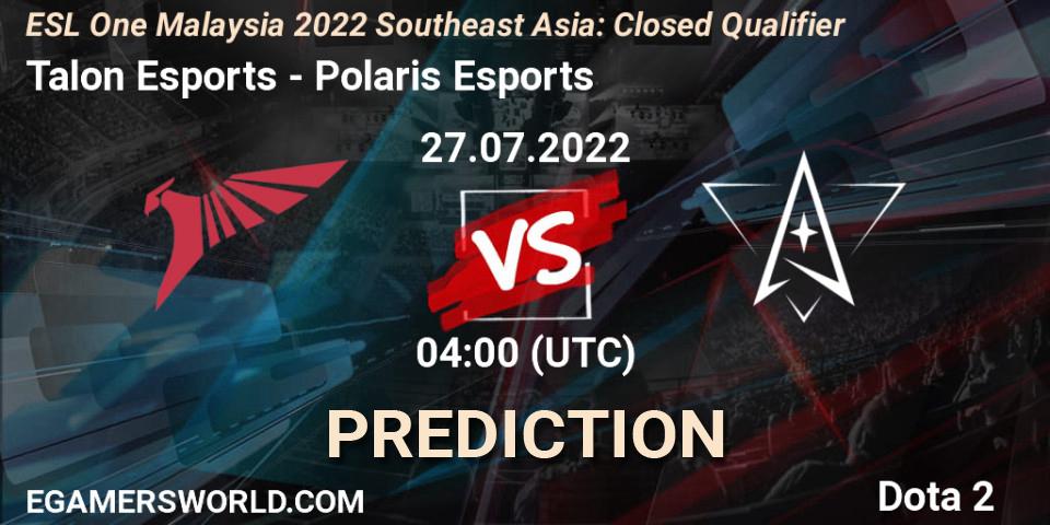 Talon Esports vs Polaris Esports: Betting TIp, Match Prediction. 27.07.2022 at 04:01. Dota 2, ESL One Malaysia 2022 Southeast Asia: Closed Qualifier