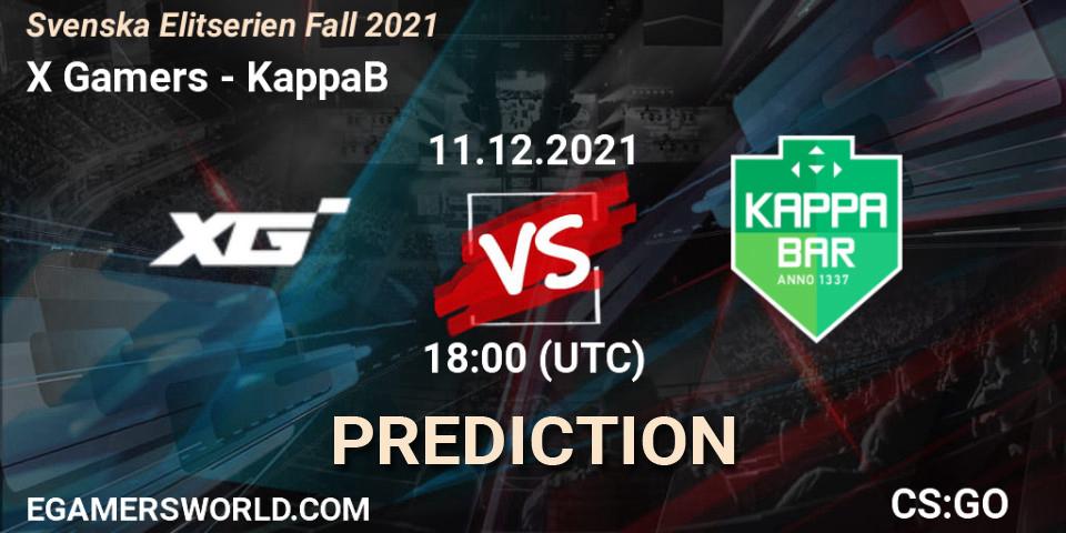X Gamers vs KappaB: Betting TIp, Match Prediction. 11.12.2021 at 19:45. Counter-Strike (CS2), Svenska Elitserien Fall 2021