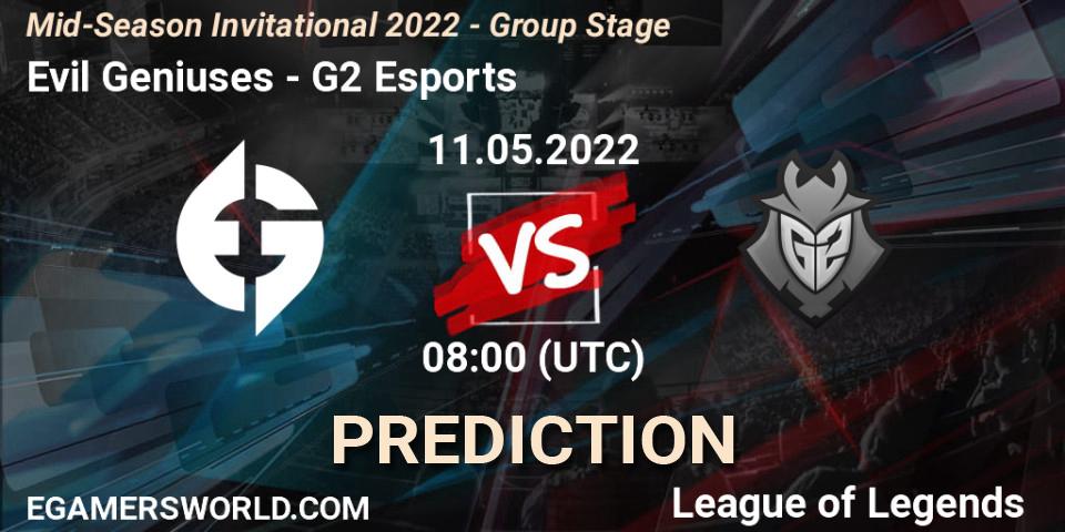 Evil Geniuses vs G2 Esports: Betting TIp, Match Prediction. 14.05.2022 at 06:00. LoL, Mid-Season Invitational 2022 - Group Stage