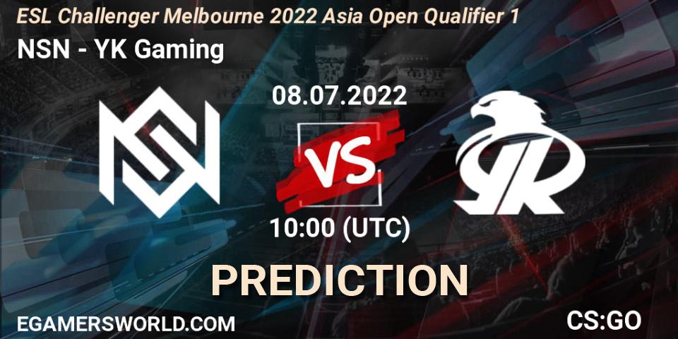 NSN vs YK Gaming: Betting TIp, Match Prediction. 08.07.2022 at 10:00. Counter-Strike (CS2), ESL Challenger Melbourne 2022 Asia Open Qualifier 1