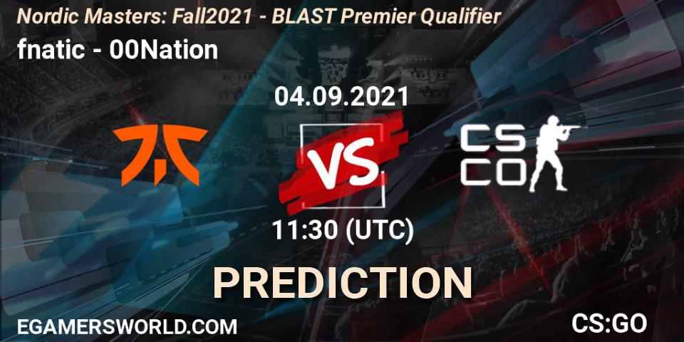 fnatic vs 00Nation: Betting TIp, Match Prediction. 04.09.2021 at 11:30. Counter-Strike (CS2), Nordic Masters: Fall 2021 - BLAST Premier Qualifier