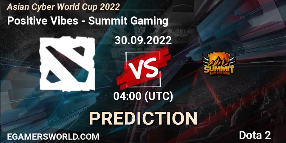 Positive Vibes vs Summit Gaming: Betting TIp, Match Prediction. 30.09.2022 at 04:11. Dota 2, Asian Cyber World Cup 2022