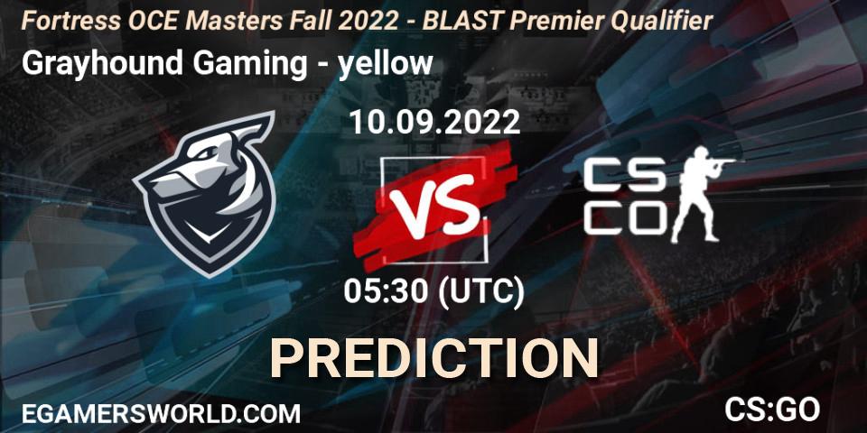 Grayhound Gaming vs yellow: Betting TIp, Match Prediction. 10.09.2022 at 06:05. Counter-Strike (CS2), Fortress OCE Masters Fall 2022 - BLAST Premier Qualifier
