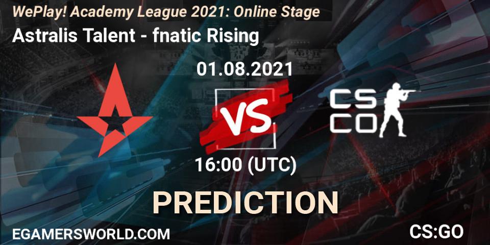 Astralis Talent vs fnatic Rising: Betting TIp, Match Prediction. 01.08.2021 at 15:00. Counter-Strike (CS2), WePlay Academy League Season 1: Online Stage