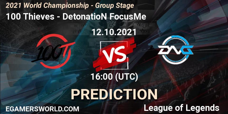 100 Thieves vs DetonatioN FocusMe: Betting TIp, Match Prediction. 12.10.2021 at 16:00. LoL, 2021 World Championship - Group Stage