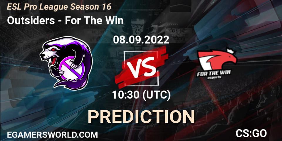 Outsiders vs For The Win: Betting TIp, Match Prediction. 08.09.2022 at 10:30. Counter-Strike (CS2), ESL Pro League Season 16