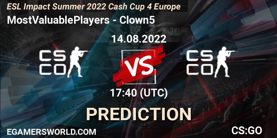 MostValuablePlayers vs Clown5: Betting TIp, Match Prediction. 14.08.22. CS2 (CS:GO), ESL Impact Summer 2022 Cash Cup 4 Europe