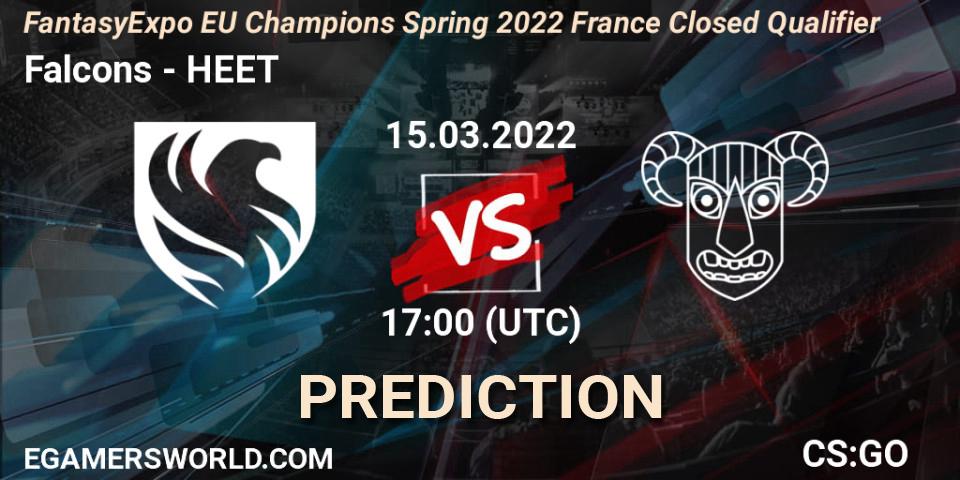 Falcons vs HEET: Betting TIp, Match Prediction. 15.03.2022 at 17:05. Counter-Strike (CS2), FantasyExpo EU Champions Spring 2022 France Closed Qualifier
