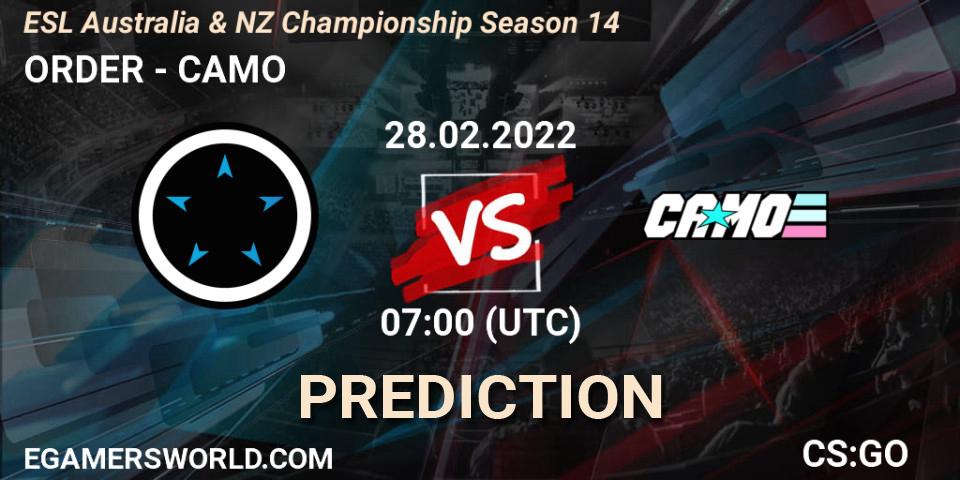 ORDER vs CAMO: Betting TIp, Match Prediction. 28.02.2022 at 07:00. Counter-Strike (CS2), ESL Australia & NZ Championship Season 14