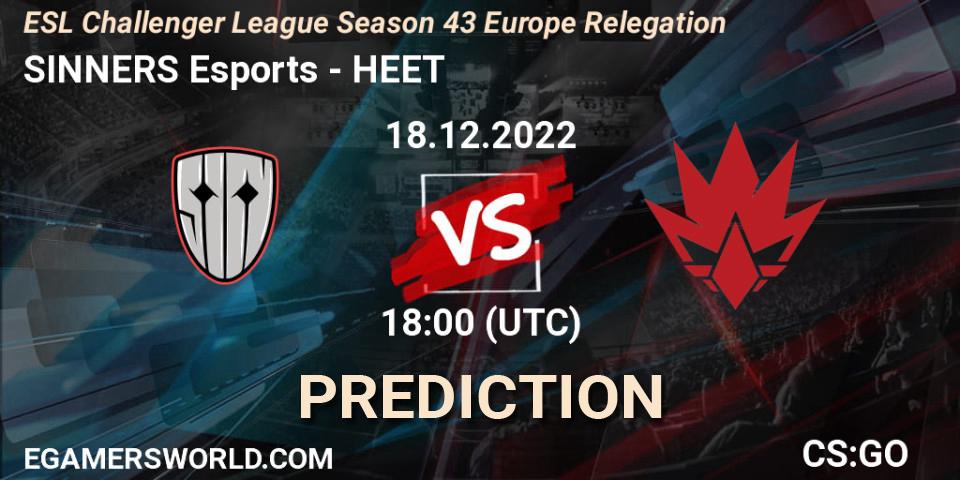 SINNERS Esports vs HEET: Betting TIp, Match Prediction. 18.12.2022 at 18:00. Counter-Strike (CS2), ESL Challenger League Season 43 Europe Relegation