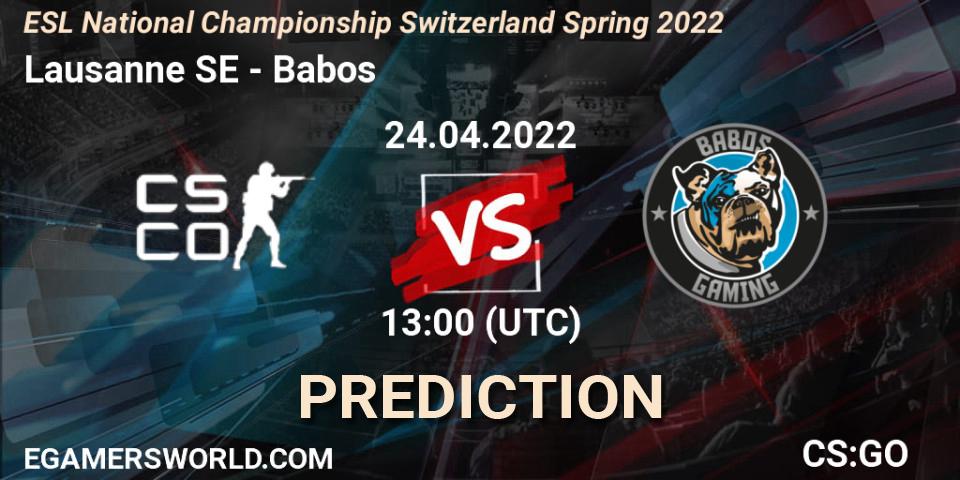 Lausanne-Sport Esports vs Babos: Betting TIp, Match Prediction. 24.04.2022 at 13:05. Counter-Strike (CS2), ESL Swiss League Season 7