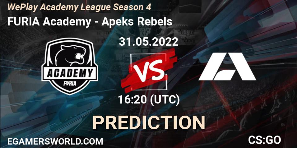 FURIA Academy vs Apeks Rebels: Betting TIp, Match Prediction. 31.05.2022 at 16:10. Counter-Strike (CS2), WePlay Academy League Season 4