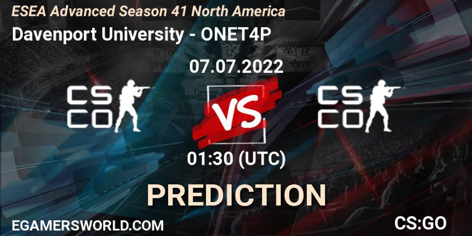 Davenport University vs ONET4P: Betting TIp, Match Prediction. 07.07.2022 at 01:00. Counter-Strike (CS2), ESEA Advanced Season 41 North America