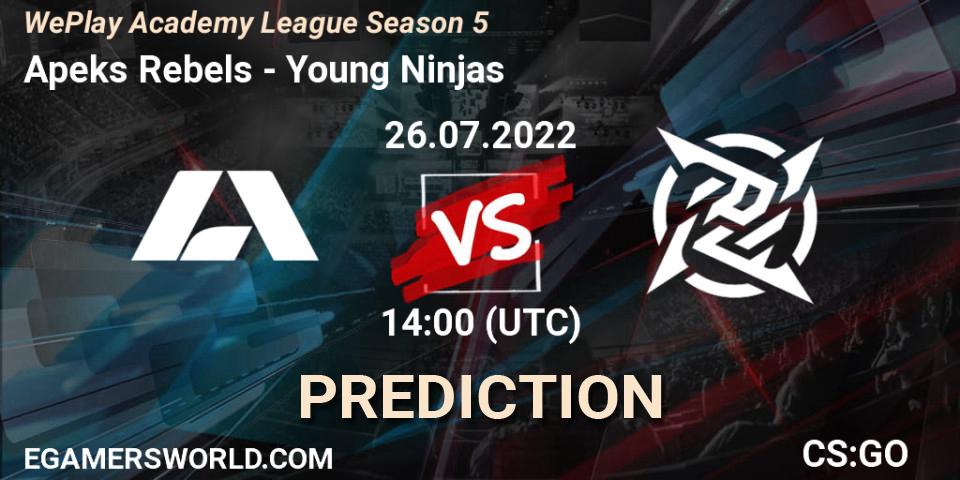 Apeks Rebels vs Young Ninjas: Betting TIp, Match Prediction. 26.07.2022 at 14:00. Counter-Strike (CS2), WePlay Academy League Season 5