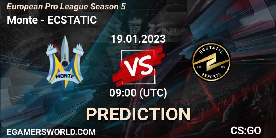 Monte vs ECSTATIC: Betting TIp, Match Prediction. 19.01.2023 at 09:00. Counter-Strike (CS2), European Pro League Season 5