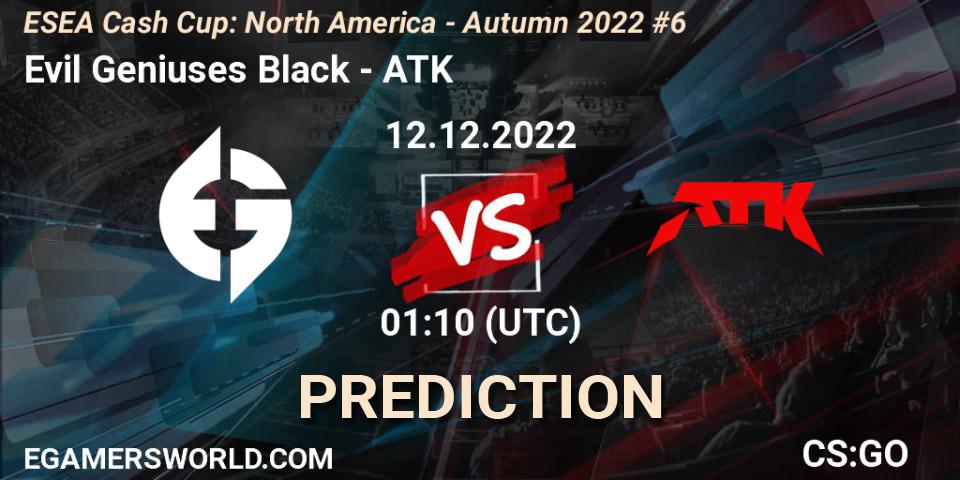 Evil Geniuses Black vs ATK: Betting TIp, Match Prediction. 12.12.2022 at 01:10. Counter-Strike (CS2), ESEA Cash Cup: North America - Autumn 2022 #6