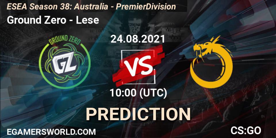 Ground Zero vs Lese: Betting TIp, Match Prediction. 24.08.2021 at 10:00. Counter-Strike (CS2), ESEA Season 38: Australia - Premier Division