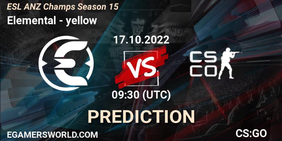 Elemental vs yellow: Betting TIp, Match Prediction. 17.10.2022 at 09:30. Counter-Strike (CS2), ESL ANZ Champs Season 15