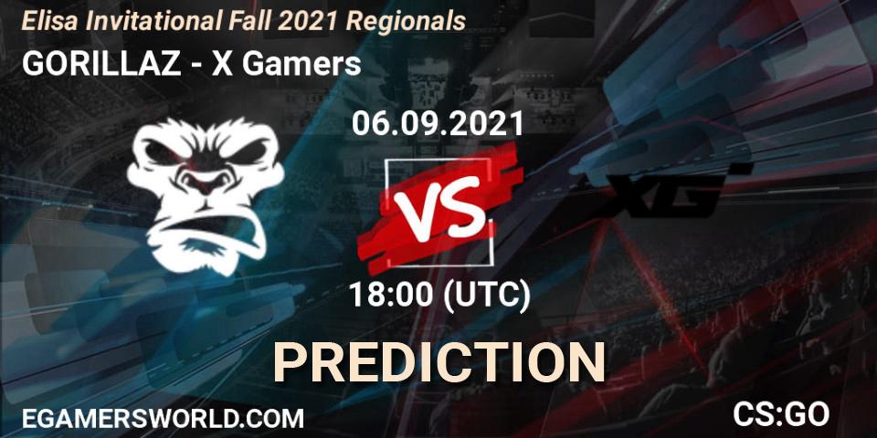 GORILLAZ vs X Gamers: Betting TIp, Match Prediction. 06.09.2021 at 18:40. Counter-Strike (CS2), Elisa Invitational Fall 2021 Regionals