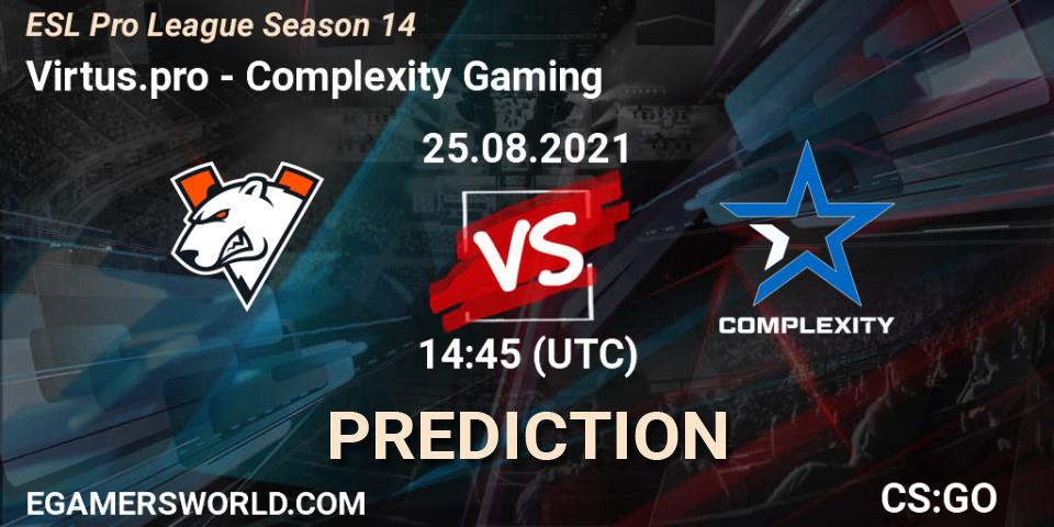 Virtus.pro vs Complexity Gaming: Betting TIp, Match Prediction. 25.08.2021 at 16:05. Counter-Strike (CS2), ESL Pro League Season 14