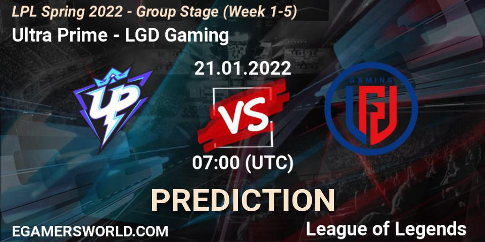 Ultra Prime vs LGD Gaming: Betting TIp, Match Prediction. 21.01.2022 at 07:00. LoL, LPL Spring 2022 - Group Stage (Week 1-5)