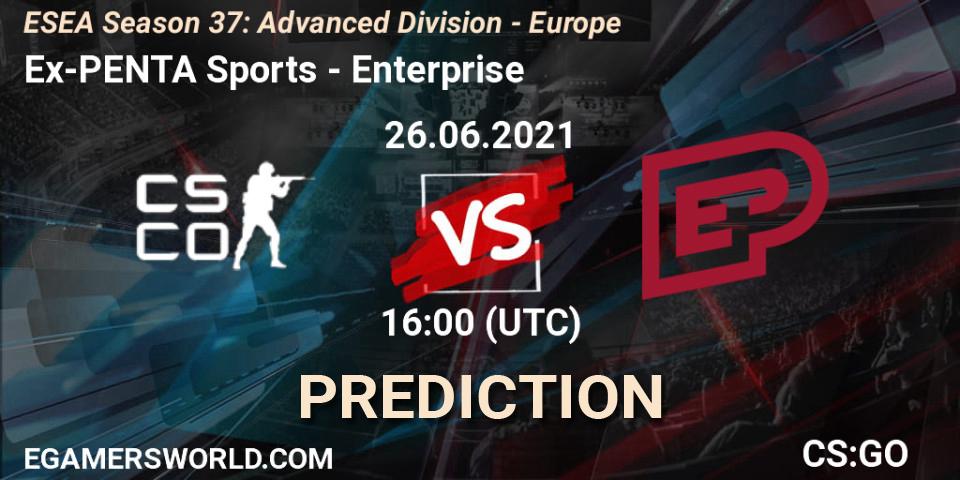 Ex-PENTA Sports vs Enterprise: Betting TIp, Match Prediction. 26.06.2021 at 16:00. Counter-Strike (CS2), ESEA Season 37: Advanced Division - Europe