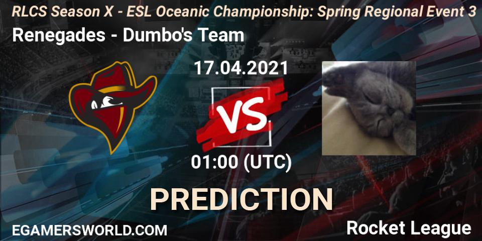 Renegades vs Dumbo's Team: Betting TIp, Match Prediction. 17.04.2021 at 01:00. Rocket League, RLCS Season X - ESL Oceanic Championship: Spring Regional Event 3